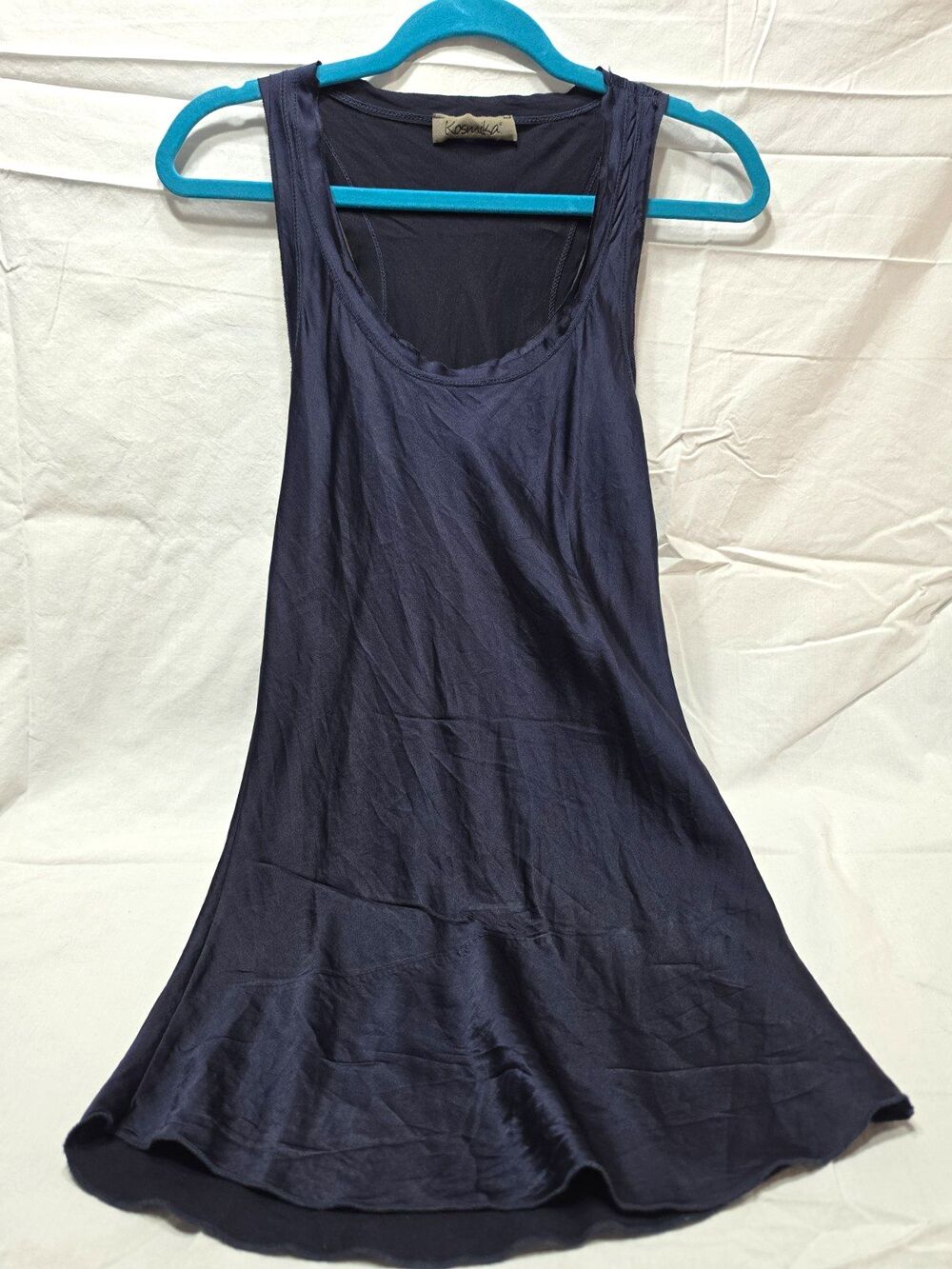 Kosmika Navy Satin Silk/Polyamide Solid Sleeveless Blouse S Flawed